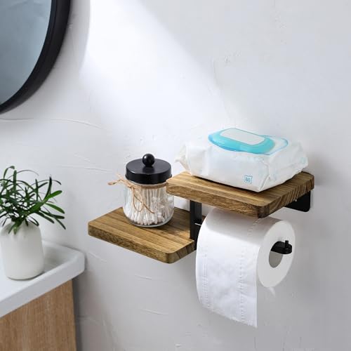 Double Layer Toilet Paper Holder - Adhesive & Screw-in Farmhouse Rustproof Bathroom Accessories with Shelf for Wipes&Cell Phone&Fragrance - color: Charcoal Brown