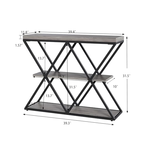 Garvee 3 Tier Console Table,39" Industrial Entryway Table,Open Wood Shelves | Sofa Table,Narrow Wood Accent Tables with Metal Frame for Hallway,Living Room,Behind Couch,Foyer,Entrance,Gray - color: Gray + X-shaped