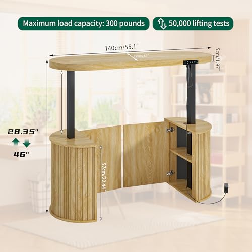 Mid Century Modern Electric Standing Desk with Storage, 55 x 22 Inch Small Sit Stand Up Desk, Wood Adjustable Height Computer Executive Desk for Home Office, Laptop, Oak - color: Wood