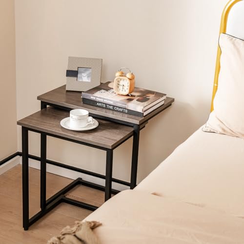 Tangkula Nesting Table Set of 3, Rectangle Stacking Side End Table w/Wood Top & Metal Legs, Adjustable Foot Pads, C-Shaped Accent Coffee Tables for Small Spaces, Living Room (C-Shaped, Gray, 3-pc) - color: Grey