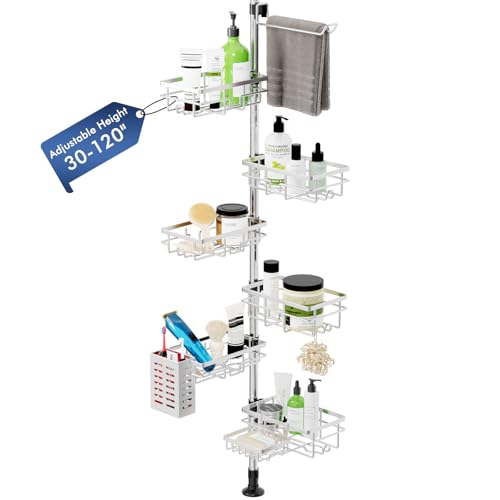 Shower Caddy Corner Tension Pole,Stainless Steel Shelves Bathroom Organizer | Rustproof 6-Tire Shelf, Adjustable 30-120 Inch Storage, Towel Bar & Soap Dish & Toothbrush Holder Rack - color: Silver