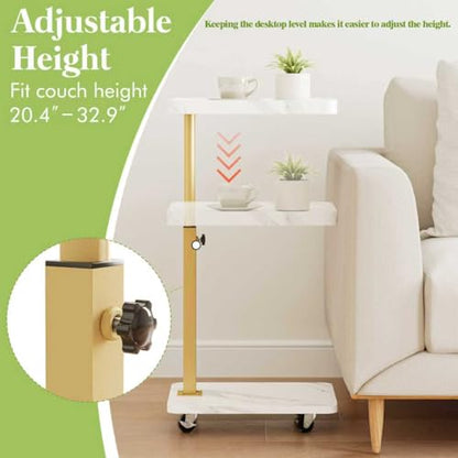 TV Tray Table, Adjustable Dinner Trays for Eating Table,360° Swivel& Sofa Armrest End Side Couch Snack Table for Sofa, Bedroom, Living Room, C Shaped End Table that Slide Under(White+Gold) - color: White Marble+gold