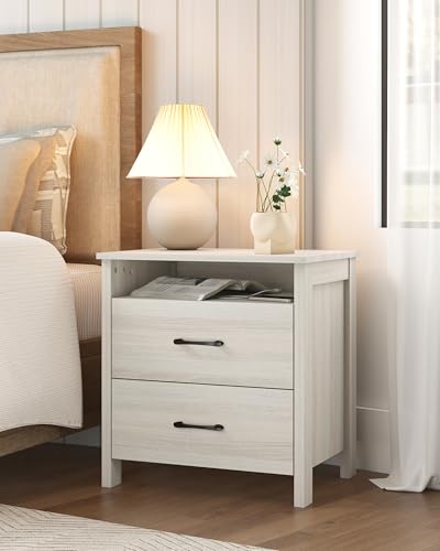 Farmhouse Nightstand with 2 Drawers, Rustic Wooden Nightstand with Bedside Table, Side End Table with Open Shelf for Bedroom, Grey - color: Light Gray, size: 1 Piece