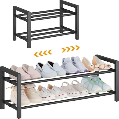 Expandable Metal Shoe Rack for Closet & Entryway, Shoe Storage Organizer | 2 Tier • Adjustable Width • Holds 6–9 Pairs • Heavy-Duty Steel • Space-Saving Design • Easy Assembly - size: 2 Tiers