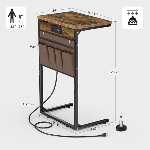 C Shaped End Table with Charging Station, 28" Tall Couch Side Table, Sofa Table Beside Table, Slide Under Sofa Arm C Table for Small Spaces, TV Tray Table for Living Room, Bedroom, Brown - color: Rustic Brown