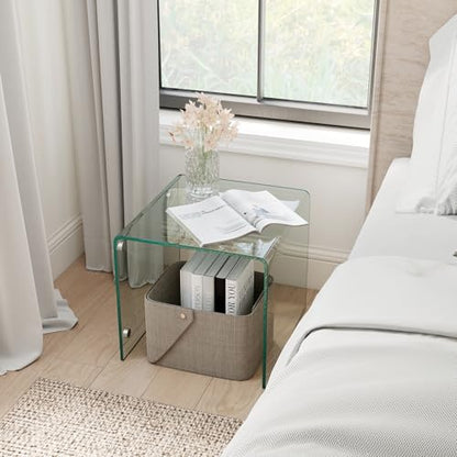 Tangkula Tempered Glass Side Table, Modern C-Shaped Bedside Table Nightstand with Storage Shelf, 4 Lockable Universal Wheels, Rolling Sofa End Table for Living Room Bedroom Office (1, Transparent) - color: Transparent