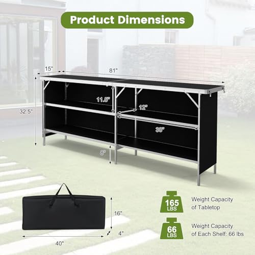 COSTWAY 81" Folding Picnic Table, Portable Bar Table with Carry Bag | Lightweight Aluminum Food Prep Station with 2 Shelves, Quick Set-up, BBQ, Party, Backyard, Black - color: Black, size: 81"W x 32.5"H