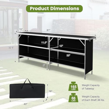 COSTWAY 81" Folding Picnic Table, Portable Bar Table with Carry Bag | Lightweight Aluminum Food Prep Station with 2 Shelves, Quick Set-up, BBQ, Party, Backyard, Black - color: Black, size: 81"W x 32.5"H