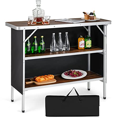 Giantex Portable Bar Table for Events, Folding Mobile Bartending Station with Storage Shelves, Removable Privacy Skirt, Carrying Case, for Parties, Catering, Trade Shows (Coffee, 43.5''L x 34.5''H) - color: Coffee, size: 43.5''L x 34.5''H