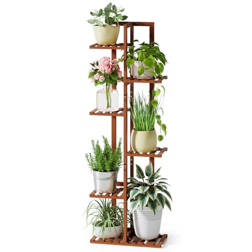ROSSNY 48 Inch Tall Bamboo Plant Stand for Indoor, 6 Tier 7 Potted, Brown | Corner Plant Stand, Tiered Plant Shelf, Planter Holder for Multiple Plants Indoor - color: Brown, size: 6 Tier - 48 Inch