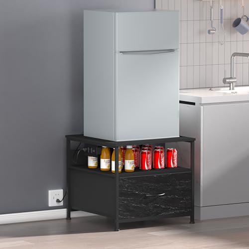 Unionly Mini Fridge Stand with drawer Storage,shelf & Power Outlet | 180lb Mini Fridge Table with Charging Station,Heavy duty small refrigerator shelf,Black end table for Living Room,Kitchen - color: Black