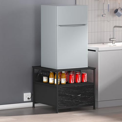Unionly Mini Fridge Stand with drawer Storage,shelf & Power Outlet | 180lb Mini Fridge Table with Charging Station,Heavy duty small refrigerator shelf,Black end table for Living Room,Kitchen - color: Black