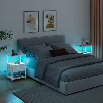 TUTOTAK LED Nightstand Set of 2, Night Stand with Charging Station, End Table, Bedside Table with Fabric Drawer, Side Table for Livingroom and Bedroom, Whtie TB01BW0692L - color: White, style: Plug&LED