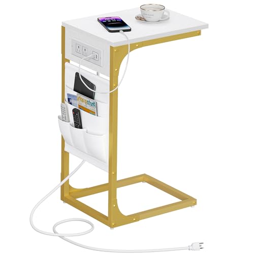 TUTOTAK C Shaped End Table with Charging Station, Side Table for Sofa, Couch Table with Storage Bag, TV Tray Table with 2 USB Ports and Outlets for Living Room, Bedroom, White and Gold TB01BWG024 - color: White and Gold, size: 1 Pack (11.8"W), style: With