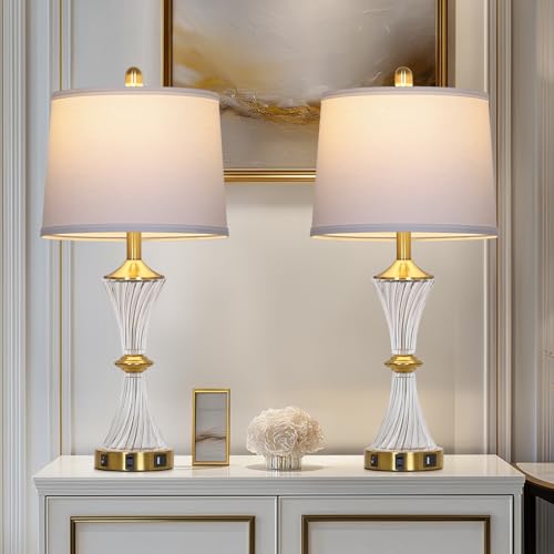 Rinweey Crystal Glass Table Lamp Set of 2 with USB C+A Ports & AC Outlet, White Lamp, Modern Bedroom Lamps, Gold Lamp for Night Stands Bedroom Living Room,Nightstand Lamp LED Bulbs Included - color: Gold