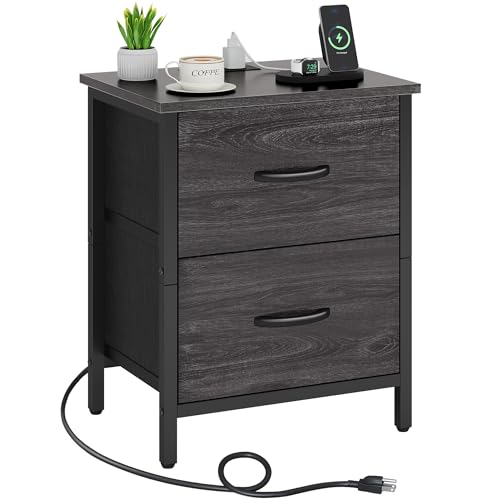 Vagusicc Nightstand with Charging Station, Bedside Table with USB Ports and Outlet, End Table Side Table with 2 Fabric Drawers for Bedroom, Living Room, Gray Walnut - color: Gray Walnut (1 Pack)