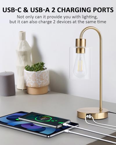 Bedside Lamps Set of 2, Gold Touch Table Lamp with USB C+A Ports, 3 Way Dimmable Bedroom Lamps with Glass Shade, Brass Nightstand Lamp for Bedroom Living Room, 2 LED Bulbs Included - size: 2 Pack