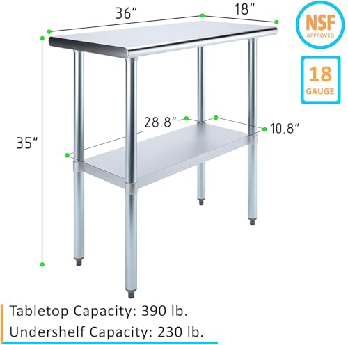 18" x 36" Stainless Steel Prep Table – NSF Certified Heavy Duty Work Table for Home & Commercial Use – Galvanized Undershelf & Legs - size: 36x18
