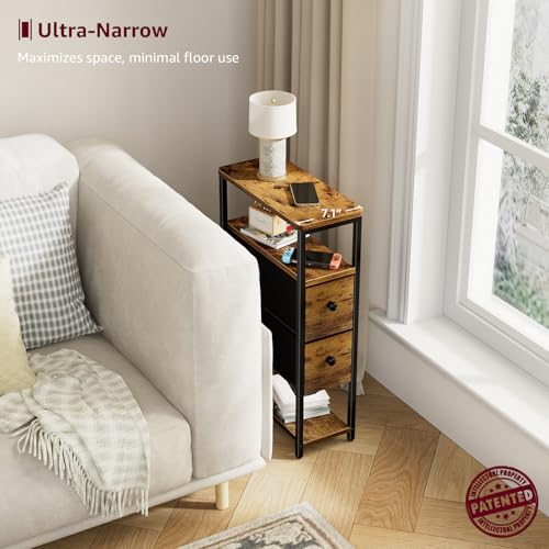 KLUVIS Narrow Nightstands Set 2 - Skinny Side Table Slim Night Stand for Small Space Bedroom Thin Bedsides Tables with 2 Drawers, Farmhouse Brown