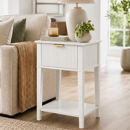 Modern Fluted Small Wood Nightstand, 11.8" Deep x 15.4" Narrow Bedside Table with Drawer & Open Shelf, Farmhouse Chic Accent Side Table for Bedroom & Sofa - White | Bright white tone, ribbed fluted front, 11.8-inch slim depth, concealed storage, clean fit
