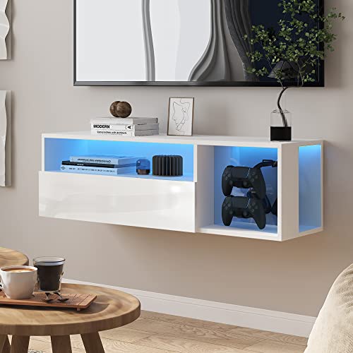 sogesfurniture 39.3'' Floating Wall TV Cabinet Stand with LED Lights, Wall Mounted Entertainment Center with Storage Shelves, Modern High Gloss Media Console for Living Room, Bedroom - size: 39.3''-White