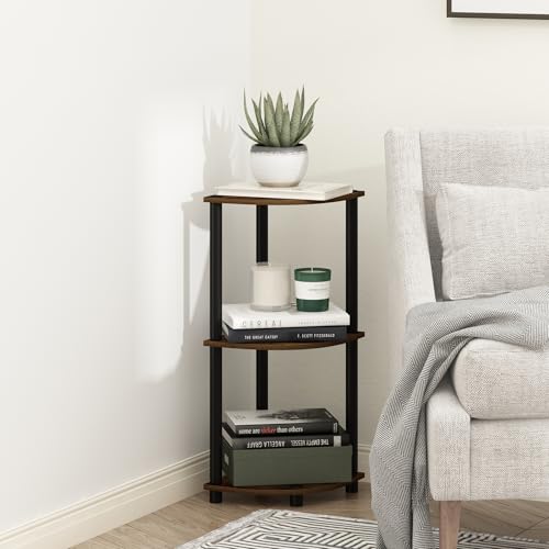 Furinno Turn-N-Tube Toolless Assembly 3-Tier Corner Shelf, Rustic Brown Corner Book Shelf, Open Shelves Bookshelf, for Organization and Storage, Living Room, Home Office, Bedroom, Amber Oak - color: Amber Oak/Black, size: 3-Tier Corner