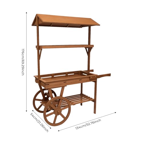 Flower Cart Display Stand with 2 Wheels, Wooden 3 Layers Rolling Table Cart, Heavy Duty Moving Display Rack for Home Decor, Coffee Station, Food Stand, Beverage Bar, Tea Stall (Brown)
