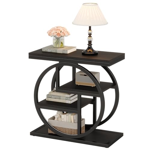 Tribesigns Black End Table for Living Room, 4-Tier Narrow Side Table with Storage Shelves, Modern Bedside Table for Bedroom, Wood Small Sofa Side Table with Geometric Metal Frame (1 PC, Black) - color: Black