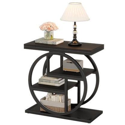 Tribesigns Black End Table for Living Room, 4-Tier Narrow Side Table with Storage Shelves, Modern Bedside Table for Bedroom, Wood Small Sofa Side Table with Geometric Metal Frame (1 PC, Black) - color: Black