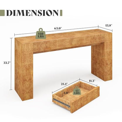AMERLIFE 63" Burl Wood Console Table, Modern High Gloss Entryway Table with 2 Storage Drawers, Long Sofa Table Behind the Couch for Entrance, Hallway, Foyer, Living Room, Natural - color: Natural