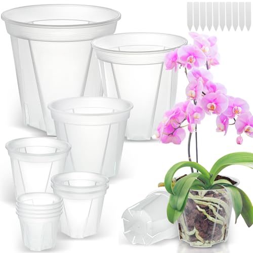 Clear Nursery Pots with Drainage, 10 Pack Transparent Plastic Orchid Planters, 6 Sizes Plant Pots 9.5/8.5/7/6/4.7/4 Inch with 10 Plant Labels for Seedlings, Succulents, Indoor/Outdoor Repotting - size: MIX-6 Sizes