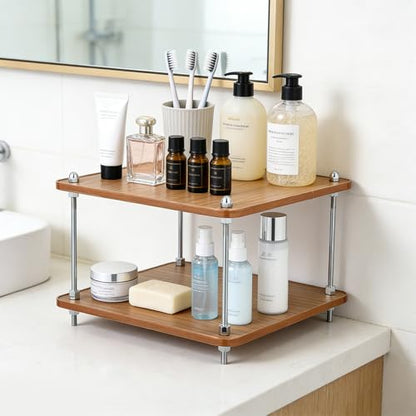 FMOACEN 2-Tier Bathroom Counter Organizer Wooden Bathroom Shelf for Makeup Skincare Perfume and Spices Countertop Organizer Shelf for Corner Vanity Coffee Station Kitchen Office and Home Decor