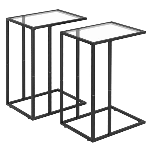 C Shaped End Table Set of 2, Sofa Couch Side Table, Tempered Glass Snack TV Tray Table with Metal Frame for Small Space,Living Room, Bedroom, Bedside,Modern Style, Black,2PCS - color: Black - Clear Glass, size: 2 PCS