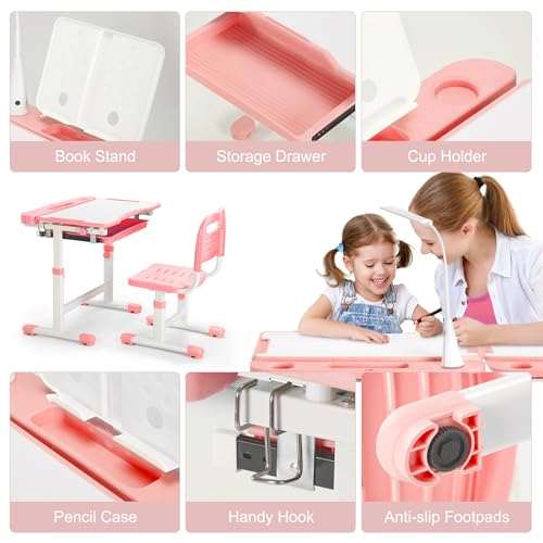 Rengue Kids Desk and Chair Set, Height Adjustable Children School Functional Study Desk with 55° Tiltable Desktop, 3 Modes & Brightness LED Light, Storage Drawer & Metal Hook for Boys Girls (Pink) - color: Pink