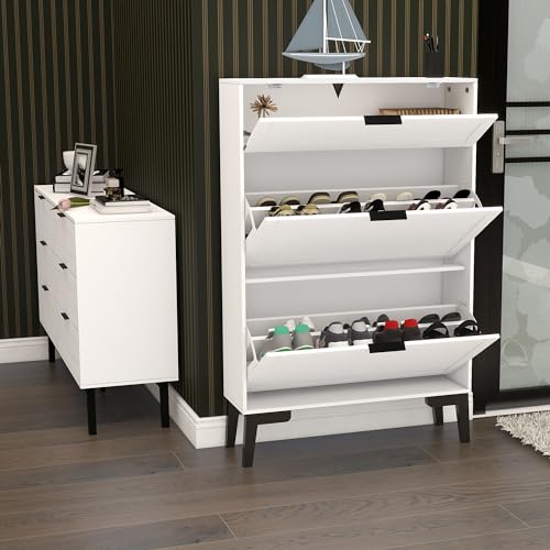 TaoHFE Wooden White Hidden Shoe Cabinet Entryway Shoe Storage Cabinet Narrow Shoe Cabinet Free Standing Shoe Rack Organizer for Closet Shoe Drawer Storage 3 Tier Rack for Front Door Entrance