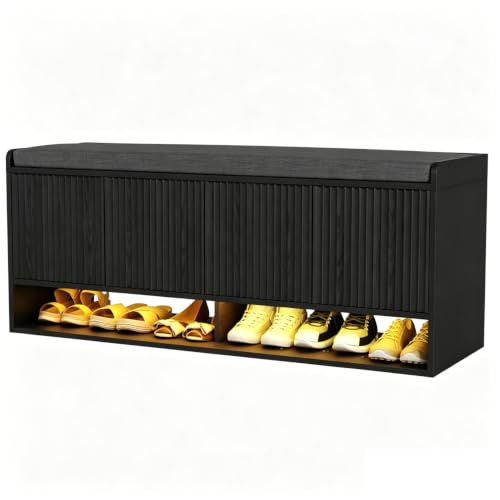 HOMEFORT 47.2" Fluted Shoe Storage Bench, Entryway Bench with Linen Seat Cushion, Shoe Cabinet Bench with Adjustable Shelf and Built-in LED Sensor Light, Bench for Bedroom End of Bed, Black - color: Black, size: 47.2"Wx15.15"D x19.3"H