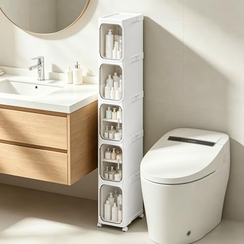 5-Tier Narrow Storage Cabinet Slim Bathroom Tall Skinny Organizer | Movable Slim Storage Cabinet with Lockable Rolling Wheels Adjustable Detachable Shelves Snap Assembly for Small Spaces,White - color: White, size: 5-tier