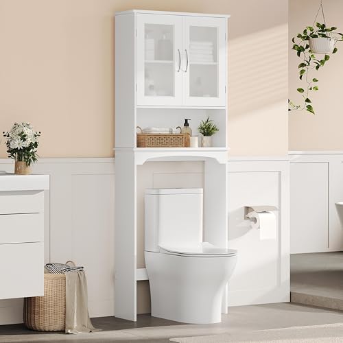 Yaheetech Over The Toilet Storage Cabinet with Double Tempered Glass Doors and Adjustable Shelf, Freestanding Bathroom Storage Rack, 66 Inches Height - color: White
