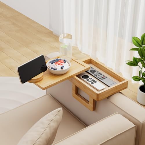 Wealone Mini Couch Arm Table for Narrow Armrest, Bamboo Sofa Arm Tray with Storage Box, Rotating Tabletop & Phone Stand, Adjustable Sofa Arm Table Clip for Snacks or Dining, Width of Armrest 1-7 Inch - color: Natural