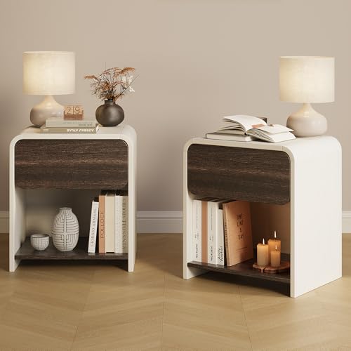 Modern Nightstands Set of 2,Bedside Table with Open Shelf,Night Stand with Drawer Storage,Wooden End Table for Bedroom, Side Table White and Walnut - color: 2pcs_white&walnut