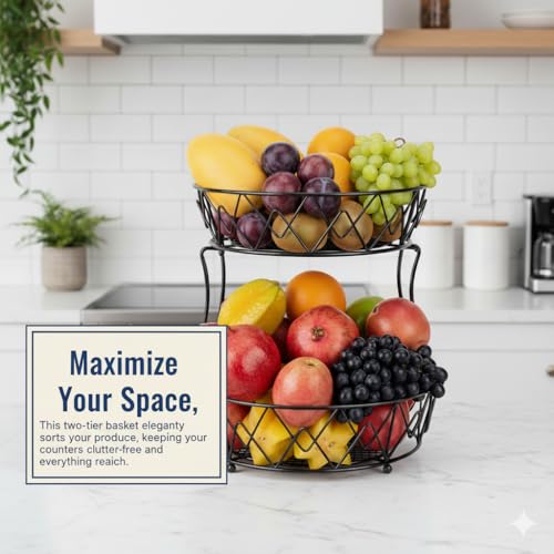 2 Tier Fruit Basket for Kitchen Counter, Metal Wire Fruit Bowl Stand with Banana Holder, Corner Fruit Basket, Stackable Produce Baske Countertop Storage, Copper Finish (black)