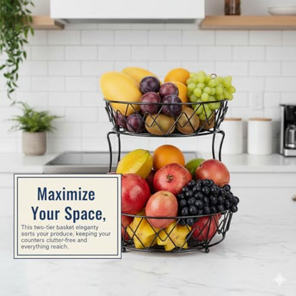 2 Tier Fruit Basket for Kitchen Counter, Metal Wire Fruit Bowl Stand with Banana Holder, Corner Fruit Basket, Stackable Produce Baske Countertop Storage, Copper Finish (black)