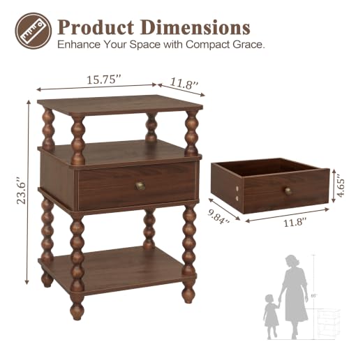 AWASEN Mid Century Modern Nightstand, Bedside Table with Storage, 3-Tier Small Night Stand End Table with Drawer for Bedroom &Solid Wood Spindle Legs, Walnut Brown - color: Walnut Brown