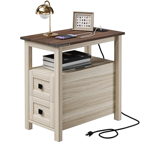 VVFLU Farmhouse End Table with Charging Station and 2 Drawers,Grey Wood Nightstand Narrow, Skinny Side Table Rustic, Slim Bedside Table, Open Shelf, Small for Bedroom, Living Room, Sofa - color: Grey/Wood