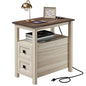 VVFLU Farmhouse End Table with Charging Station and 2 Drawers,Grey Wood Nightstand Narrow, Skinny Side Table Rustic, Slim Bedside Table, Open Shelf, Small for Bedroom, Living Room, Sofa - color: Grey/Wood
