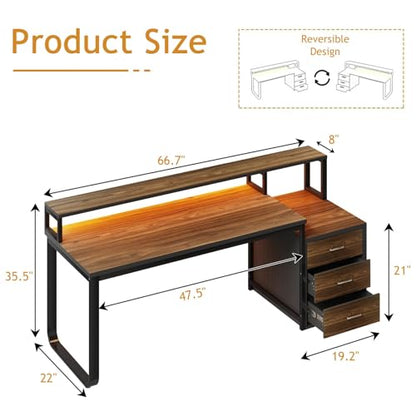 HOMBCK 67" Computer Desk with 3 Drawers, Home Office Desk with Long Monitor Stand and Printer Space, Office Desk with Storage & LED Lights, Writing Desk with Drawers, Black and Walnut - color: Black Walnut