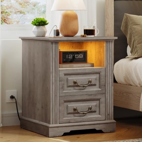 RALGEND Farmhouse Nightstand with Charging Station, Night Stand with 2 Drawers, End Tables Living Room, LED Bed Side Table with Open Shelf, End Table for Bedroom, Living Room, Greige - color: Greige