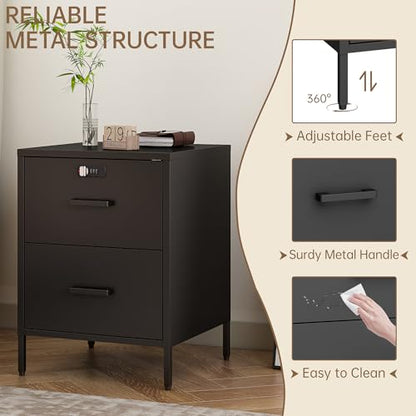 Steehoom Metal Nightstand,2 Drawer End Side Table Lockable Modern Locker Storage Cabinet for Living Room, Bedroom, Dorm, 21.26”H X 15.75”W X 15.75”D (2 Drawer, Black) - color: Black, style: 2 Drawer