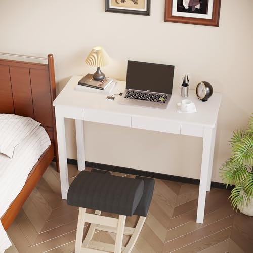 Solid Wooden Desk with Drawers - 39 x 16 Inch Modern Narrow Desks, Rubberwood Simple Study Table, Small Writing Desk for Bedroom|Small Spaces - White Desks - color: White, size: 39.4 in W x 15.7 in D