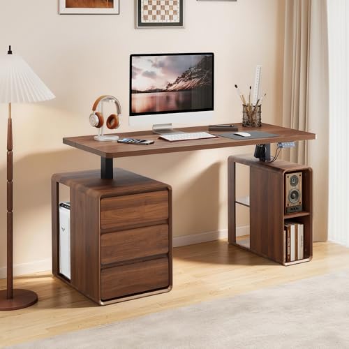 Electric Standing Desk with Drawers, 55" Office Desk Height Adjustable Executive Desk with Storage Shelves, Simple Setup Wood Desk Home Office Stand up Desk for Work, Study, Writing, Walnut - color: Walnut